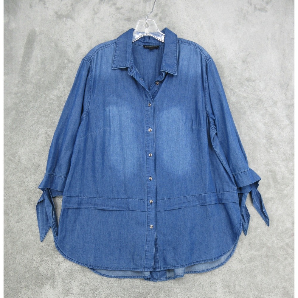 Lane Bryant Shirt Womens Size 14 16 Tie Sleeve Chambray Button Front Tunic Boxy